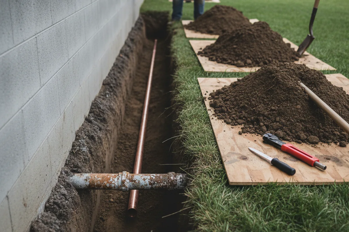 Excavated water line trench during Water Heater Repair in Marshall